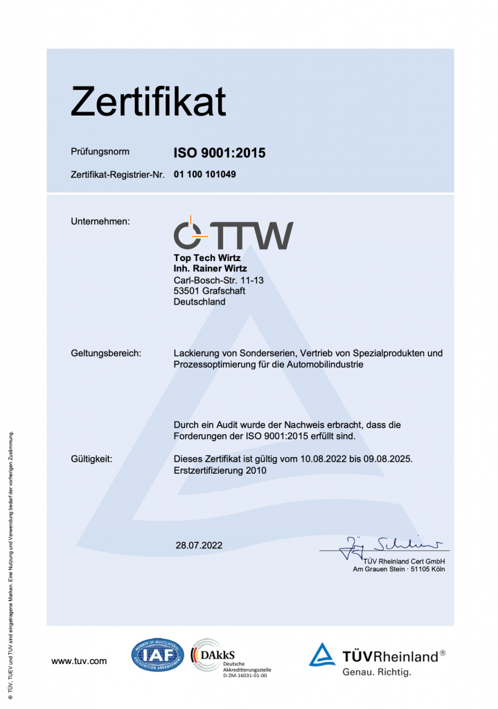 TÜV Zertifikat der ISO 9001:2015 für das Unternehmen TTW TopTech Wirtz